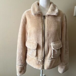 CALI 1850 Light Tan Sherpa Fleece Collar Neckline Zip Up Teddy Jacket-Size M